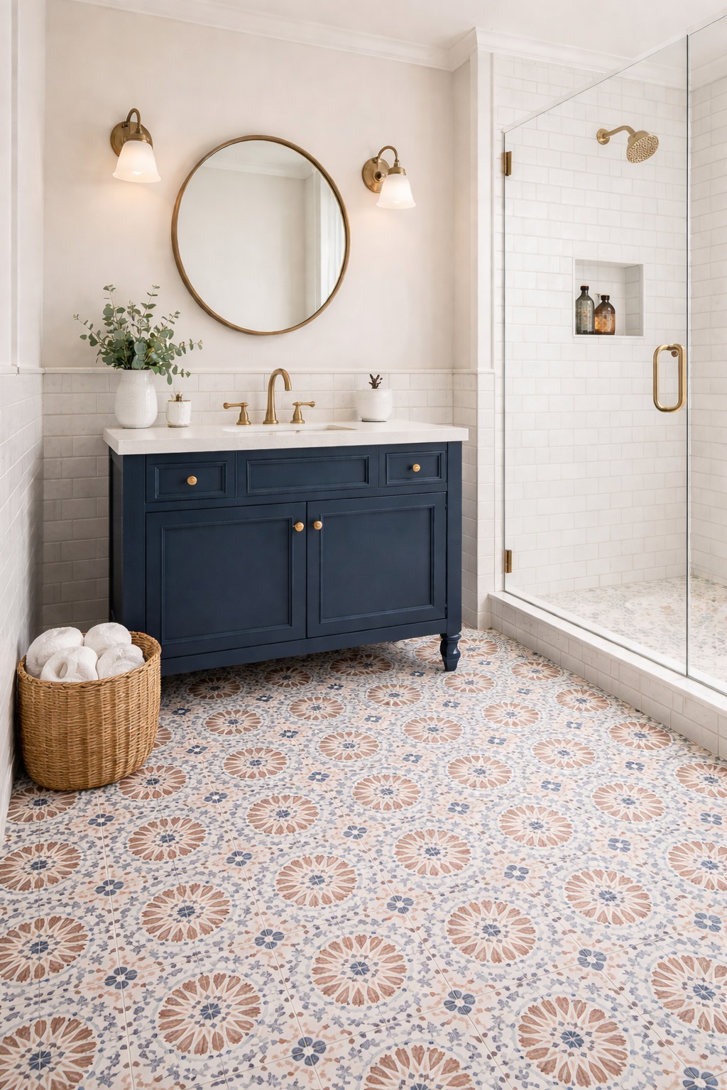 Coastal Farmhouse Bathroom with Patterned Floor and Navy Vanity