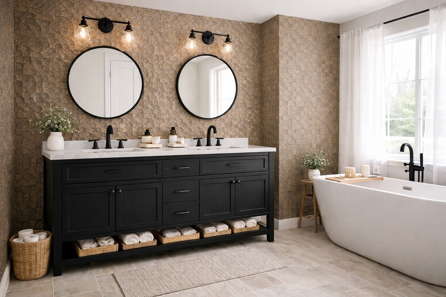 Luxury Bathroom with sculpted tile wall and double vanity